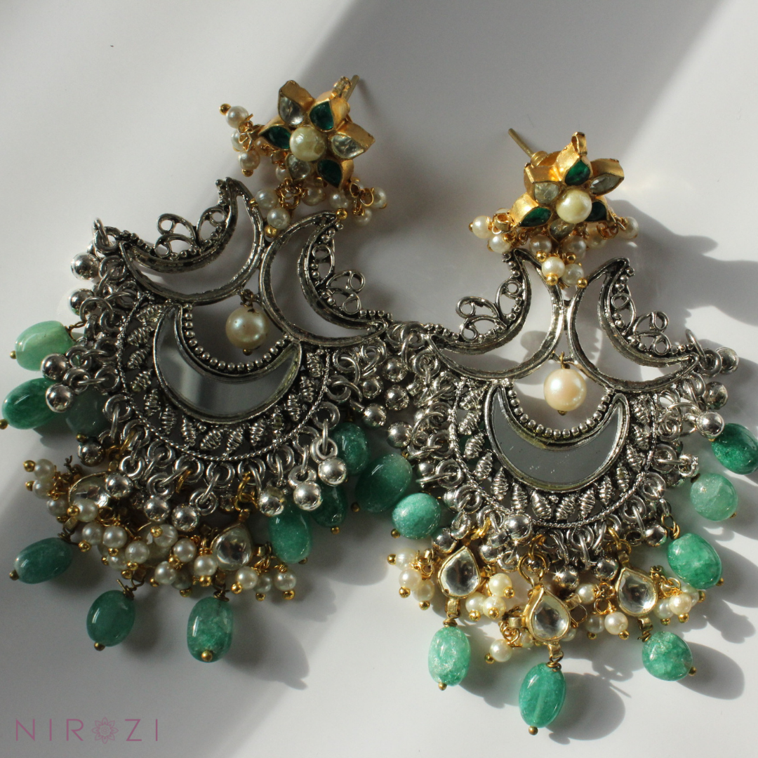 Fusion pair of earrings. A timeless piece with the fusion of kundan, german silver and glass beads. Earrings are brass based, stones are set in silver foil and 18kt gold plated. handcrafted jewelry.