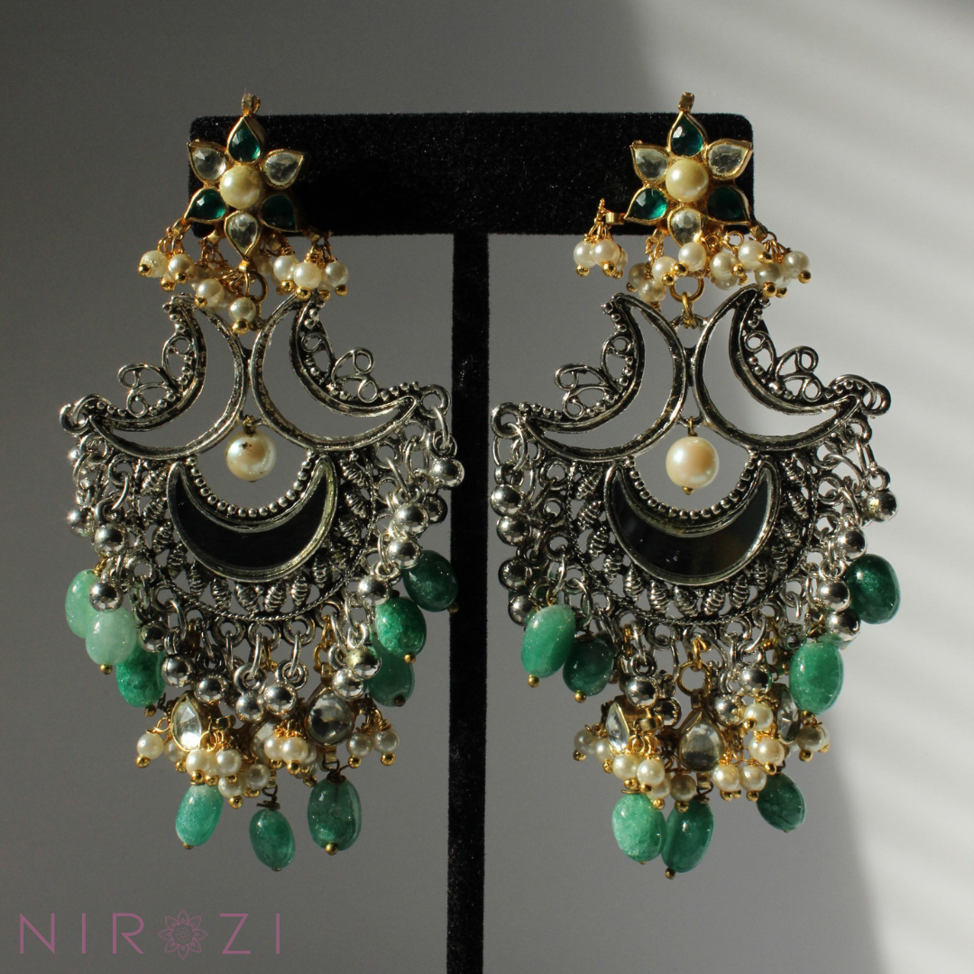 Fusion pair of earrings. A timeless piece with the fusion of kundan, german silver and glass beads. Earrings are brass based, stones are set in silver foil and 18kt gold plated. handcrafted jewelry.