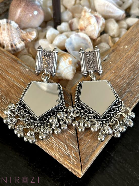 Hand-crafted real glass mirror earrings. Glass mirror jhumka earrings for fun and glamour. Lightweight earrings. 
